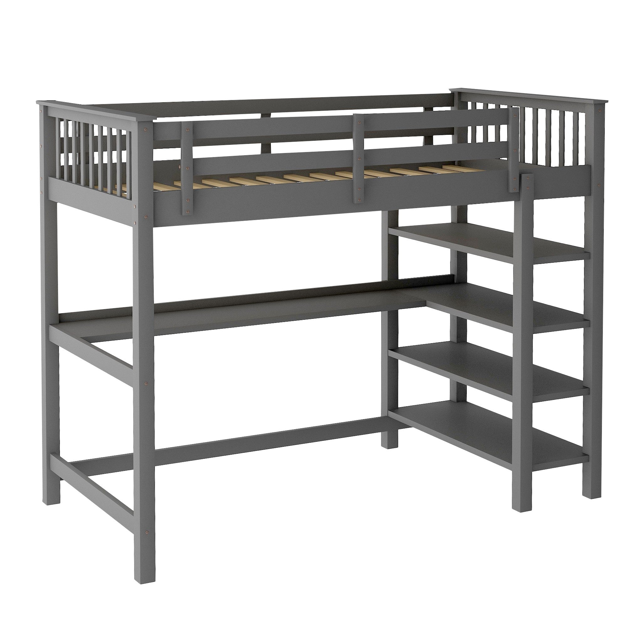 LuxxHomes  Gray Twin Size Wood Loft Bed with Storage Shelves and Desk