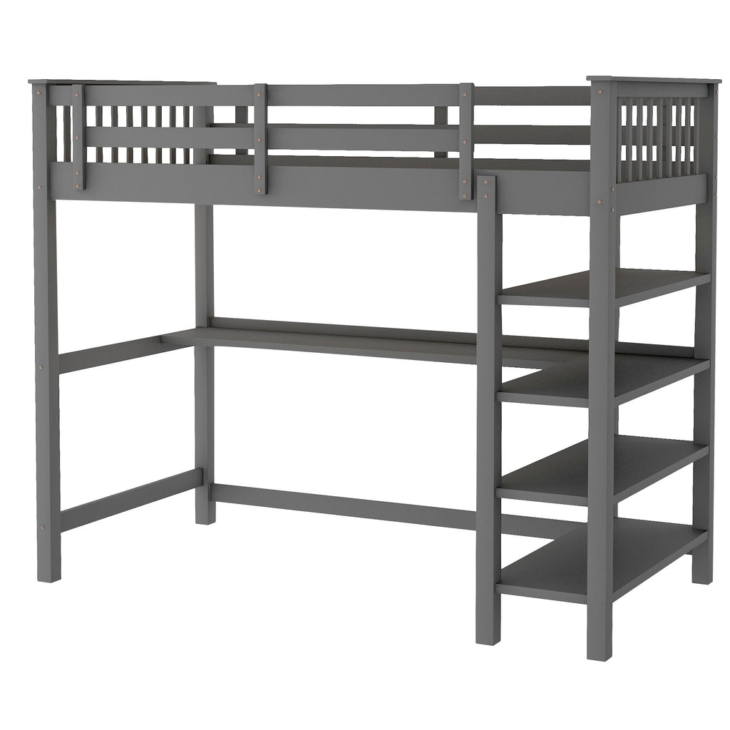 LuxxHomes  Gray Twin Size Wood Loft Bed with Storage Shelves and Desk