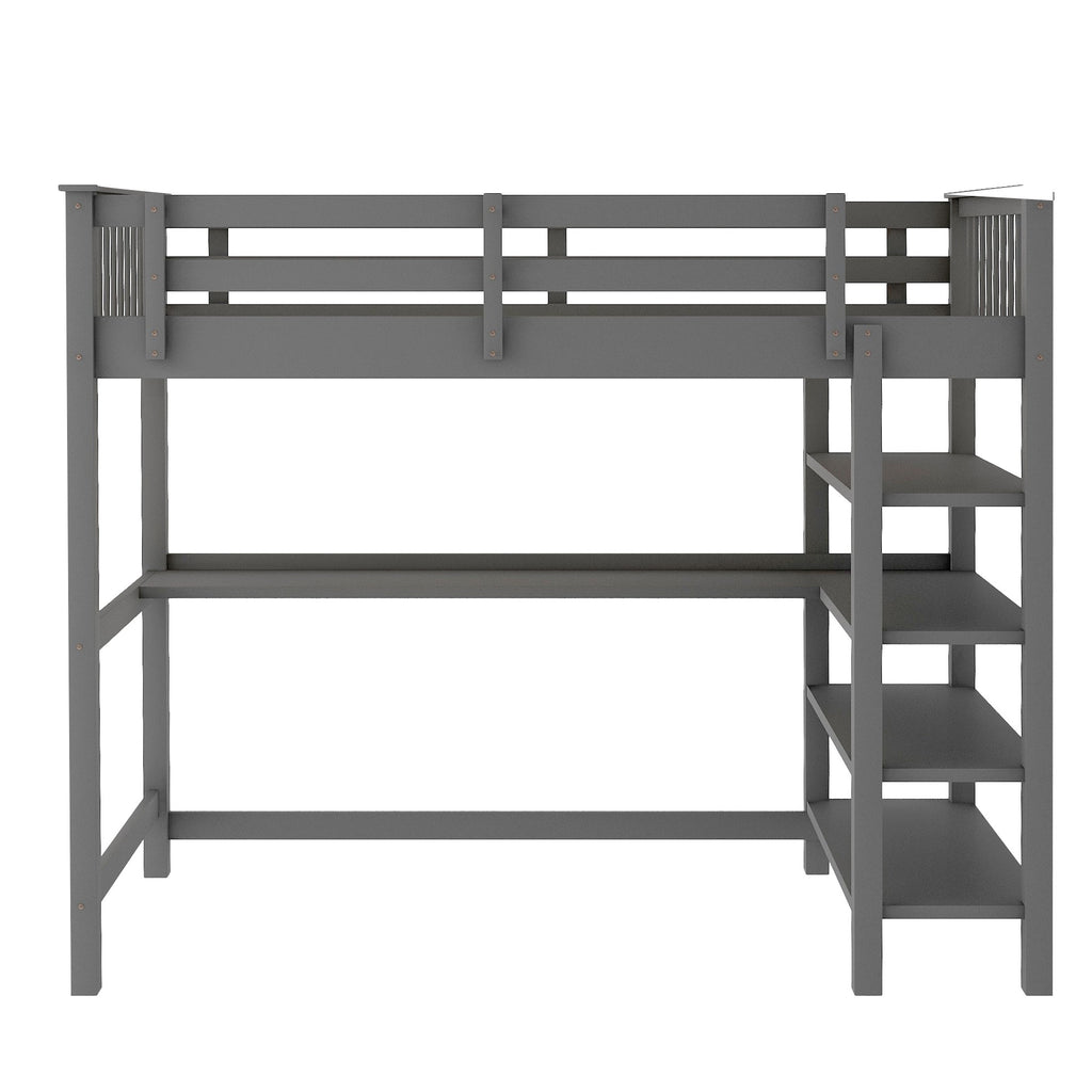 LuxxHomes  Gray Twin Size Wood Loft Bed with Storage Shelves and Desk