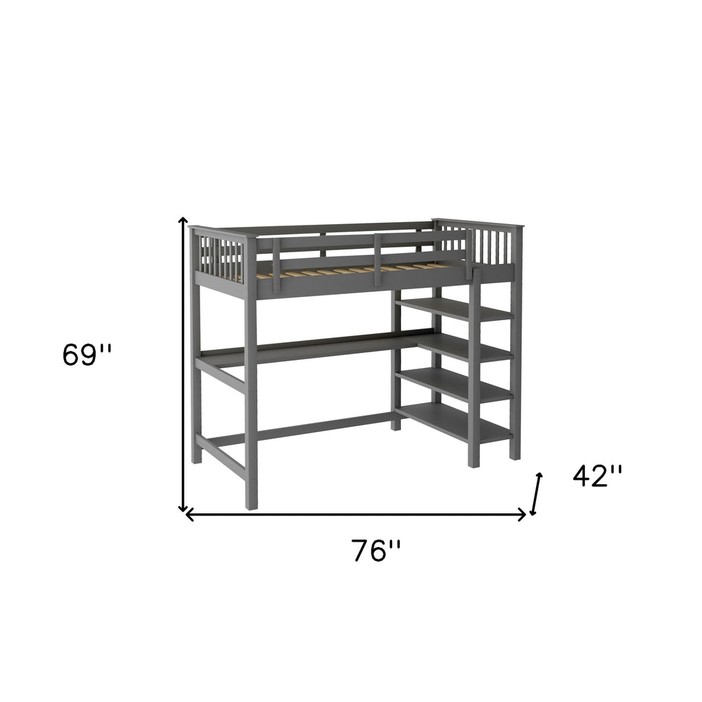 LuxxHomes  Gray Twin Size Wood Loft Bed with Storage Shelves and Desk