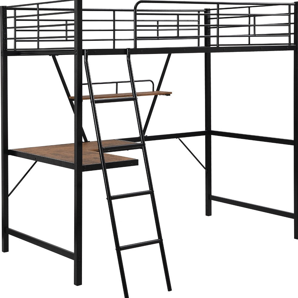 LuxxHomes  Black Metal Loft Bed with L Shaped Desk and Shelf