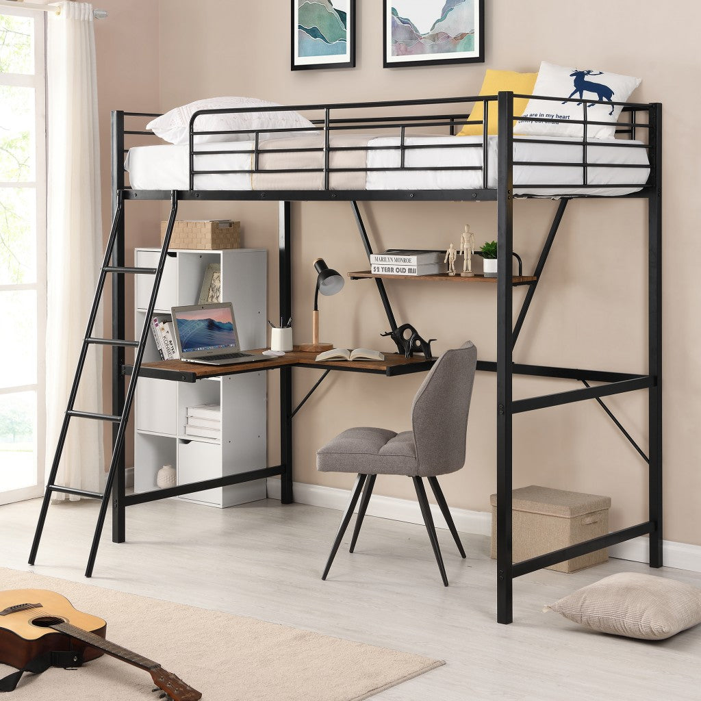 LuxxHomes  Black Metal Loft Bed with L Shaped Desk and Shelf