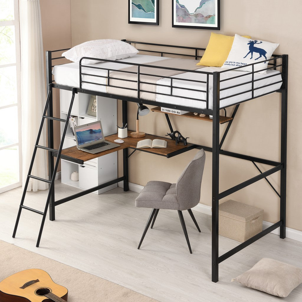 LuxxHomes  Black Metal Loft Bed with L Shaped Desk and Shelf