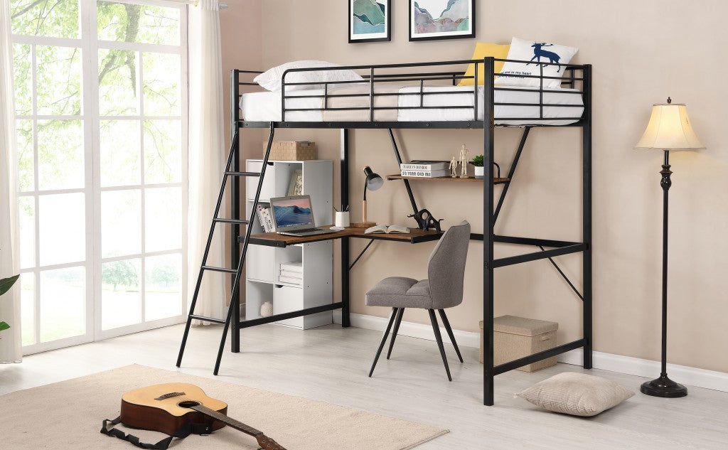 LuxxHomes  Black Metal Loft Bed with L Shaped Desk and Shelf