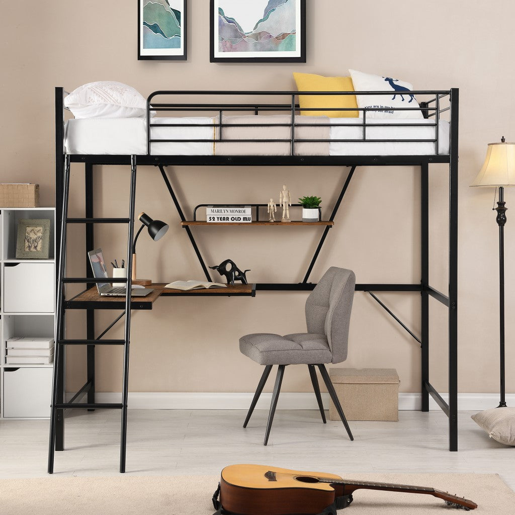 LuxxHomes  Black Metal Loft Bed with L Shaped Desk and Shelf