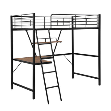 LuxxHomes  Black Metal Loft Bed with L Shaped Desk and Shelf