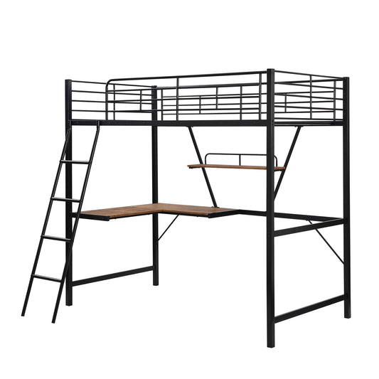 LuxxHomes  Black Metal Loft Bed with L Shaped Desk and Shelf