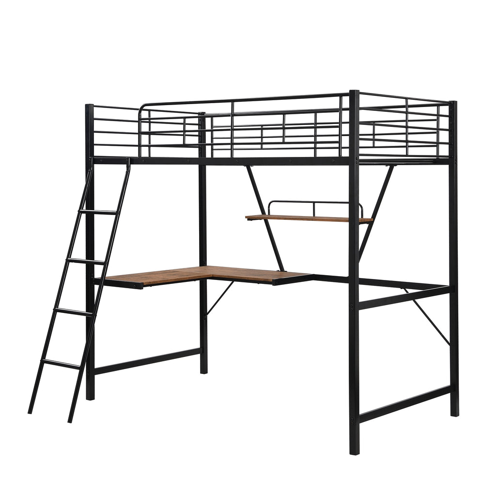 LuxxHomes  Black Metal Loft Bed with L Shaped Desk and Shelf