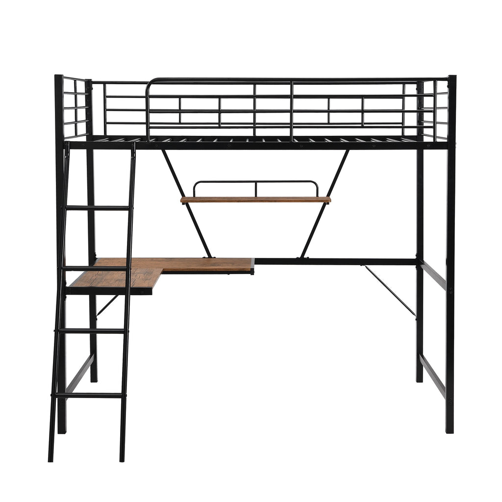 LuxxHomes  Black Metal Loft Bed with L Shaped Desk and Shelf