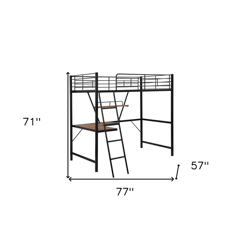 LuxxHomes  Black Metal Loft Bed with L Shaped Desk and Shelf