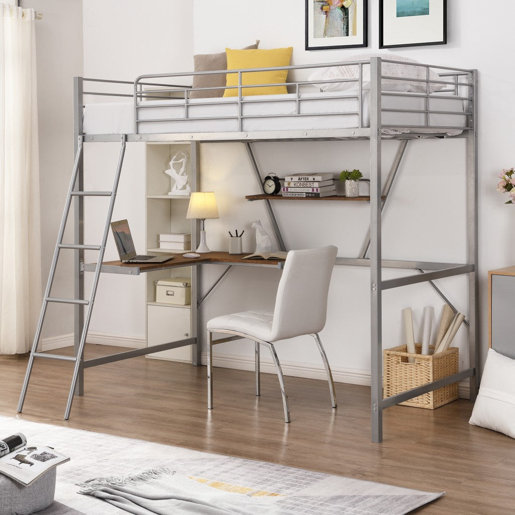 LuxxHomes  Silver Metal Loft Bed with L Shaped Desk and Shelf