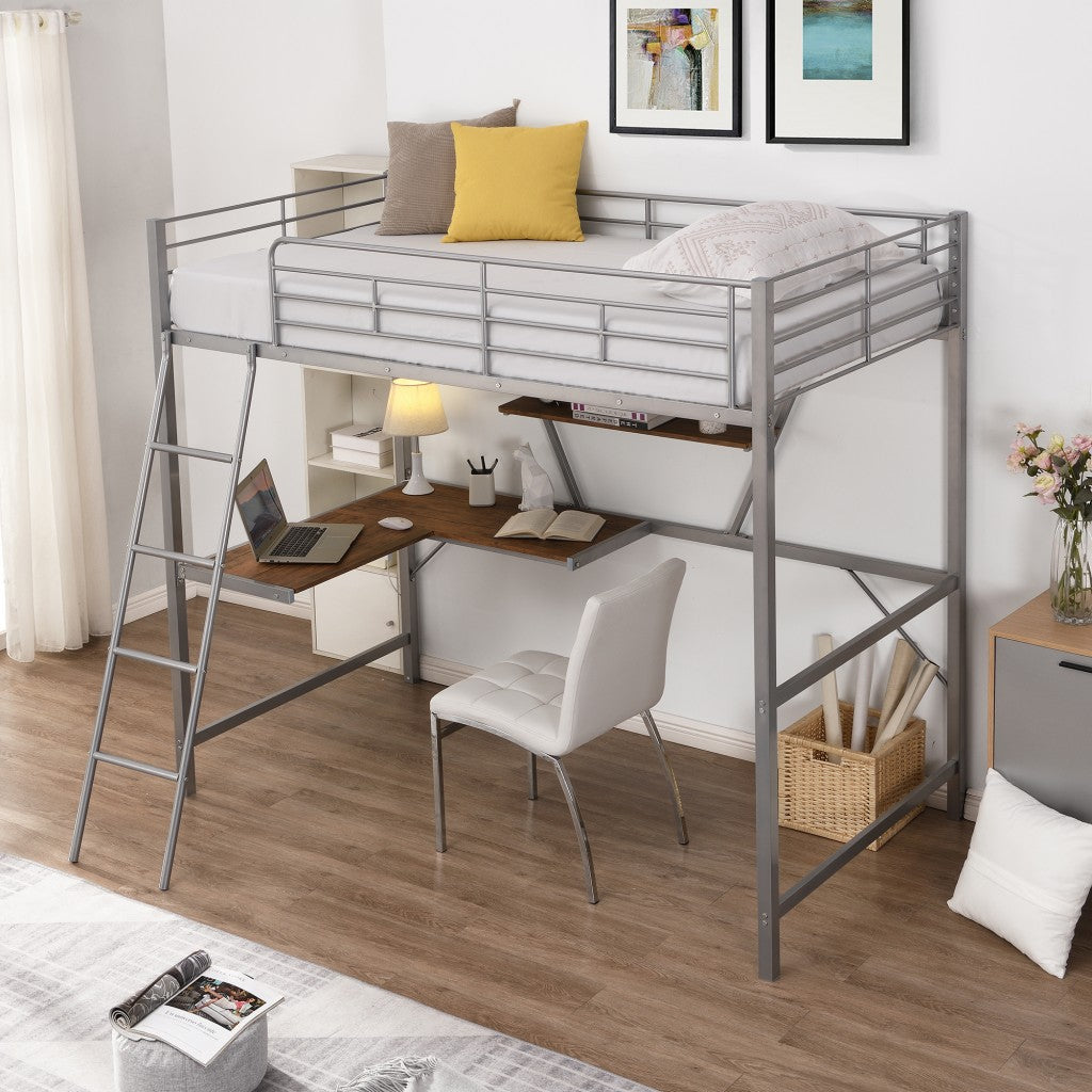 LuxxHomes  Silver Metal Loft Bed with L Shaped Desk and Shelf