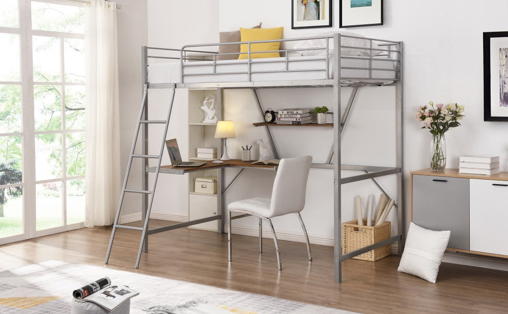 LuxxHomes  Silver Metal Loft Bed with L Shaped Desk and Shelf