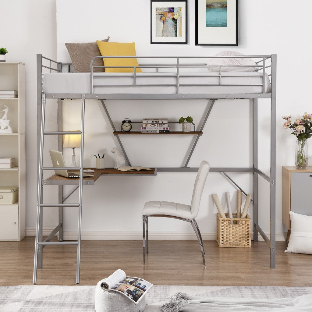 LuxxHomes  Silver Metal Loft Bed with L Shaped Desk and Shelf