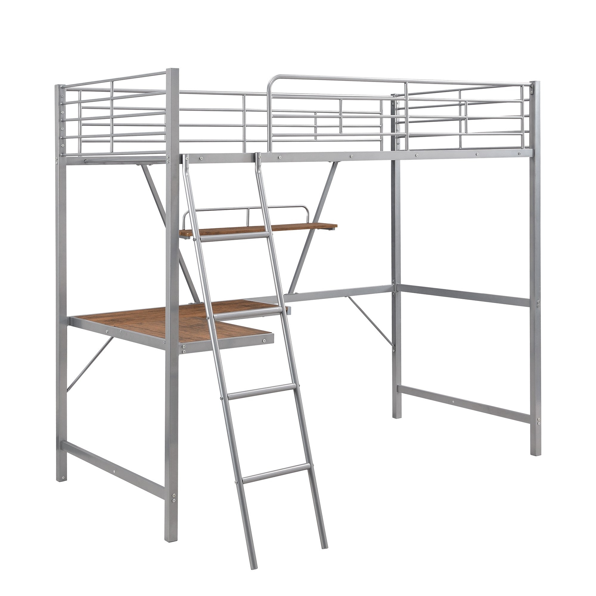 LuxxHomes  Silver Metal Loft Bed with L Shaped Desk and Shelf