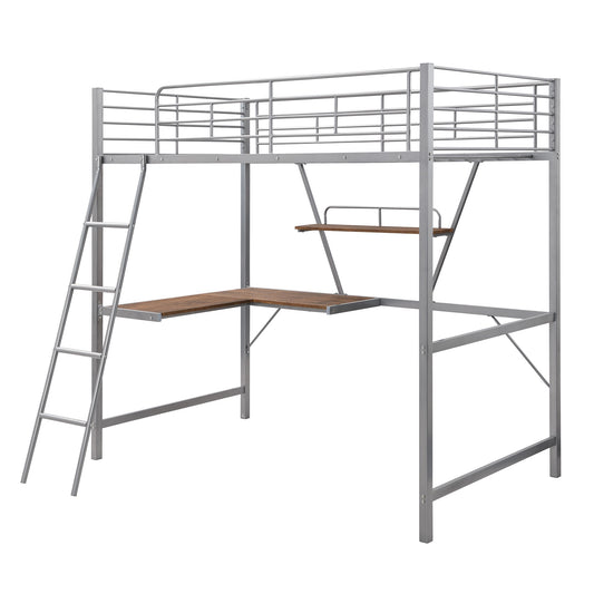 LuxxHomes  Silver Metal Loft Bed with L Shaped Desk and Shelf