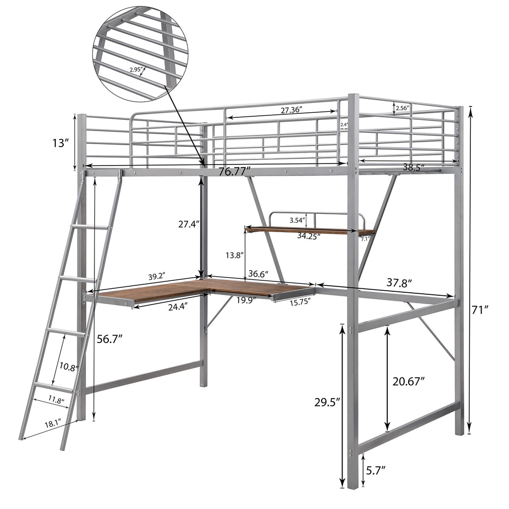 LuxxHomes  Silver Metal Loft Bed with L Shaped Desk and Shelf