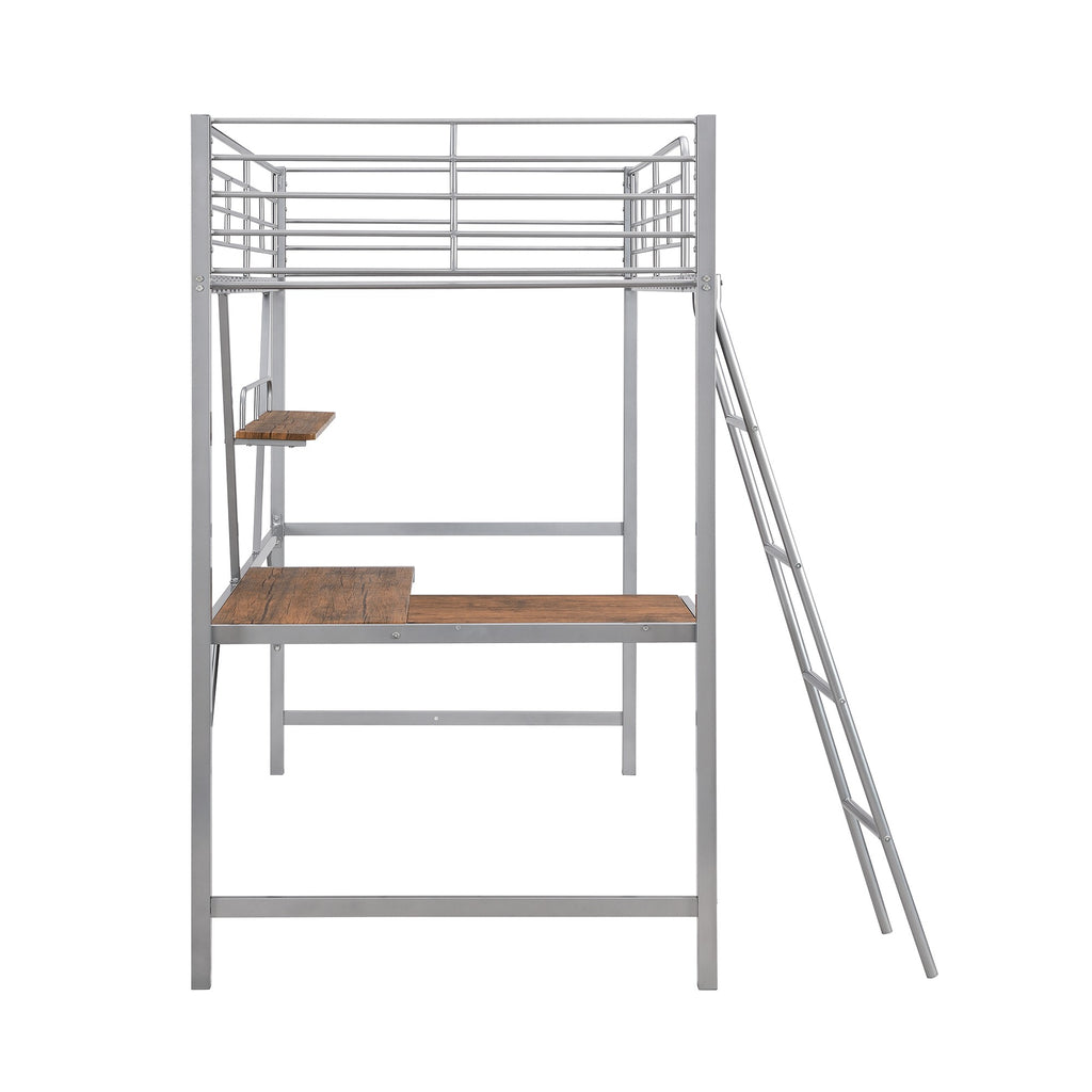 LuxxHomes  Silver Metal Loft Bed with L Shaped Desk and Shelf