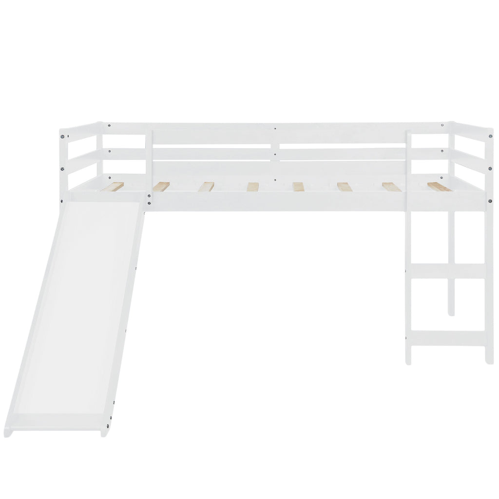 LuxxHomes  White Low Loft Bed With Slide