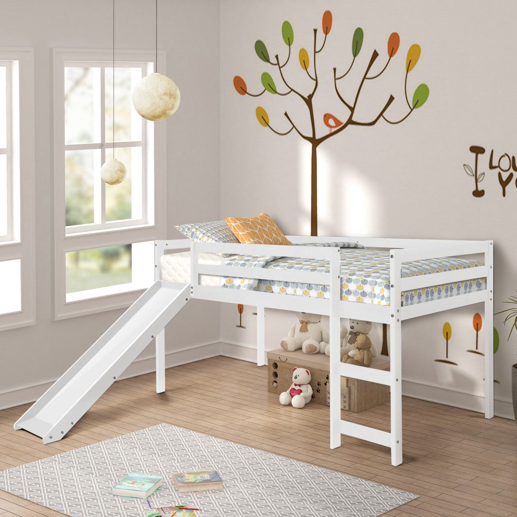 LuxxHomes  White Low Loft Bed With Slide