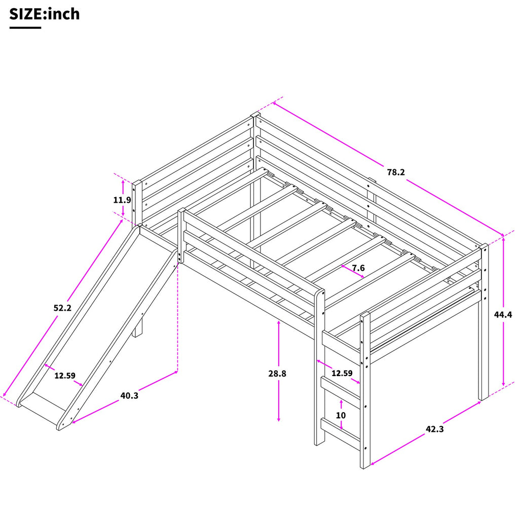 LuxxHomes  White Low Loft Bed With Slide