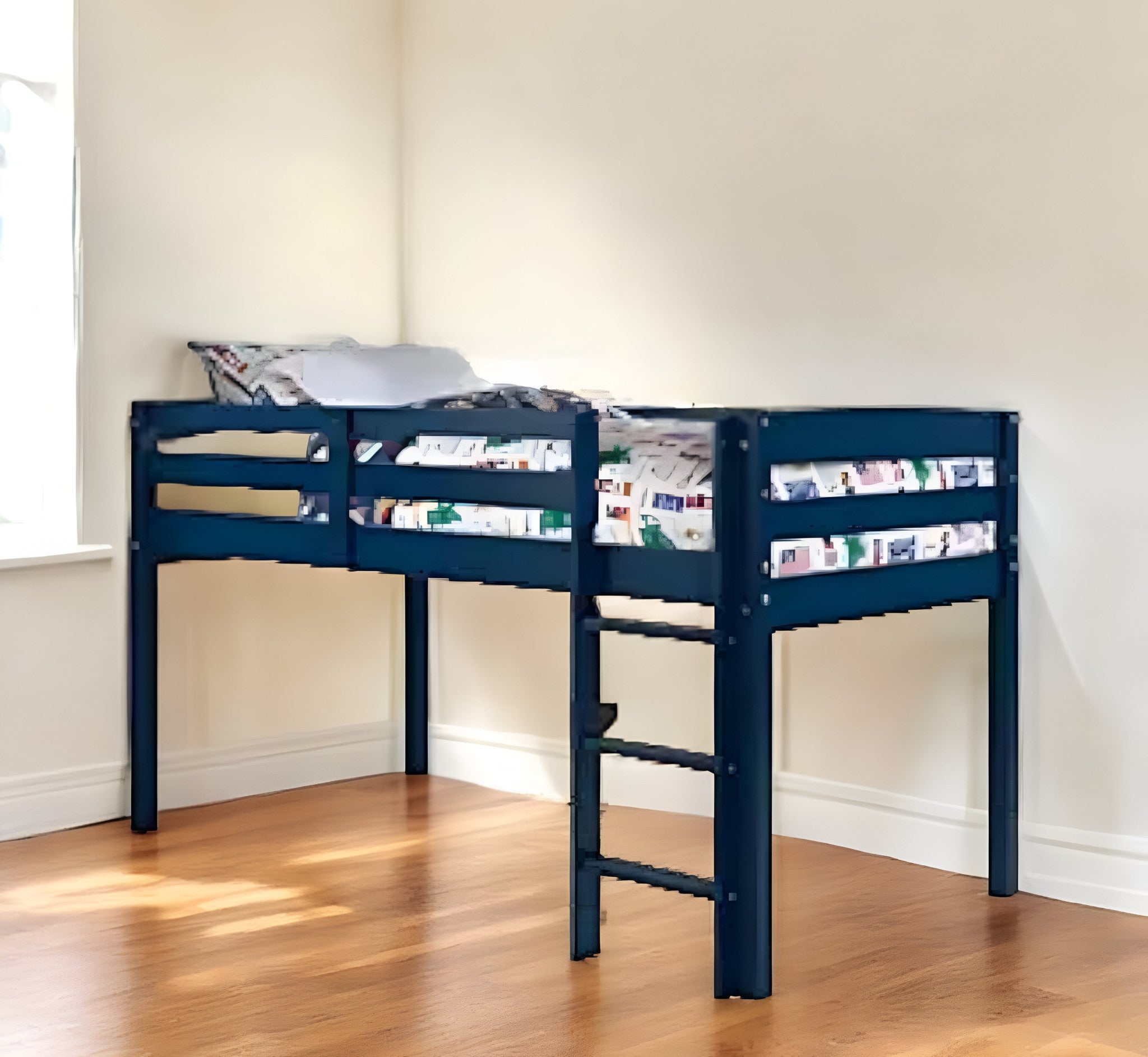 LuxxHomes  Twin Loft Bed Navy Blue Finish