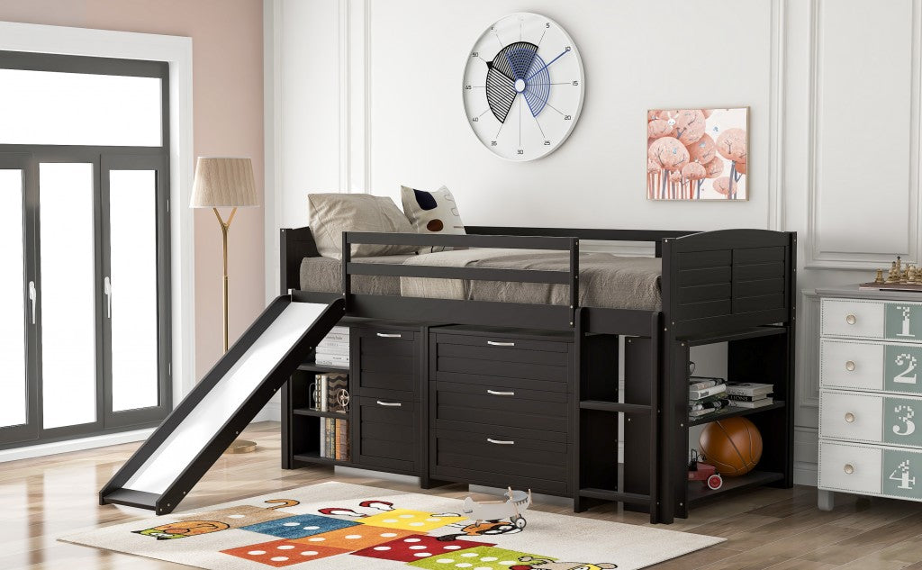 LuxxHomes  Brown Twin Size Low Loft Bed With Cabinets and Slide