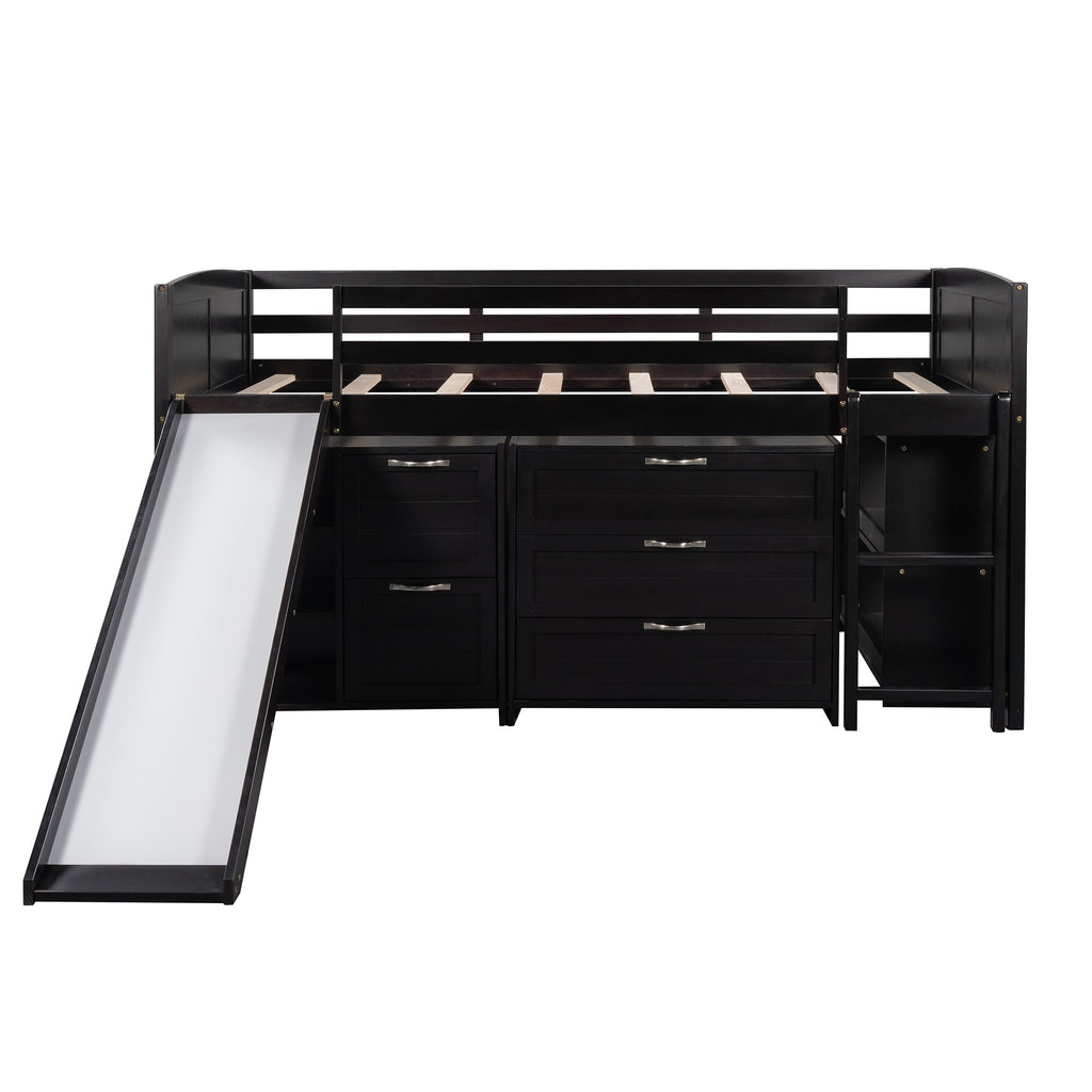 LuxxHomes  Brown Twin Size Low Loft Bed With Cabinets and Slide