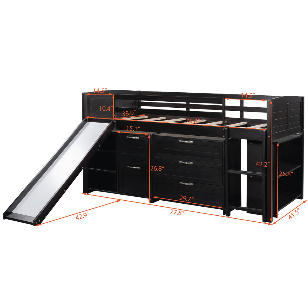 LuxxHomes  Brown Twin Size Low Loft Bed With Cabinets and Slide