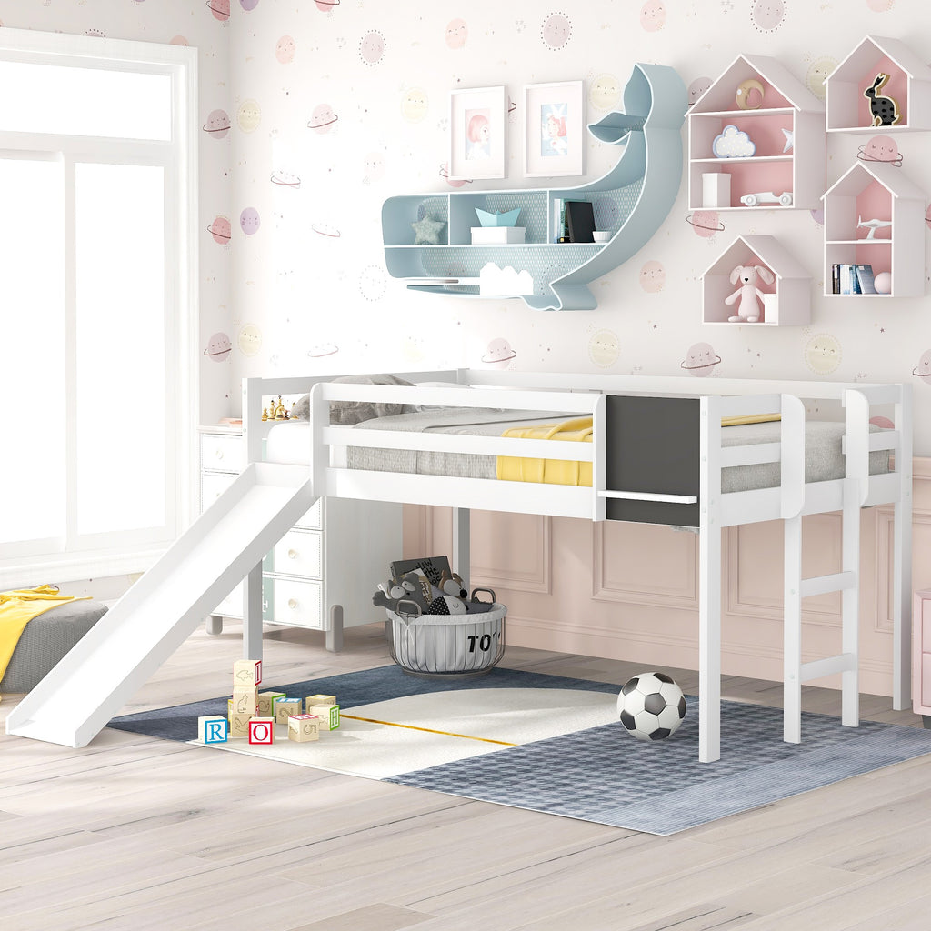 LuxxHomes  White Twin Loft Bed Bed Chalkboard and Slide