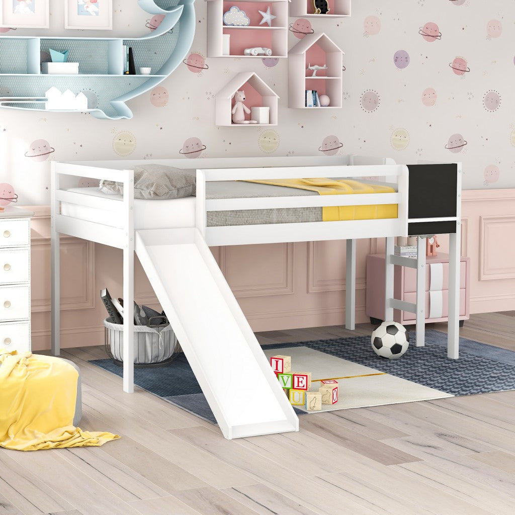 LuxxHomes  White Twin Loft Bed Bed Chalkboard and Slide