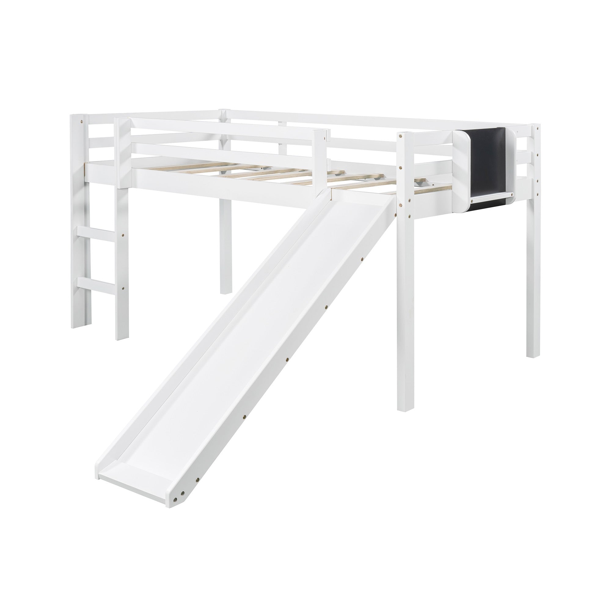 LuxxHomes  White Twin Loft Bed Bed Chalkboard and Slide