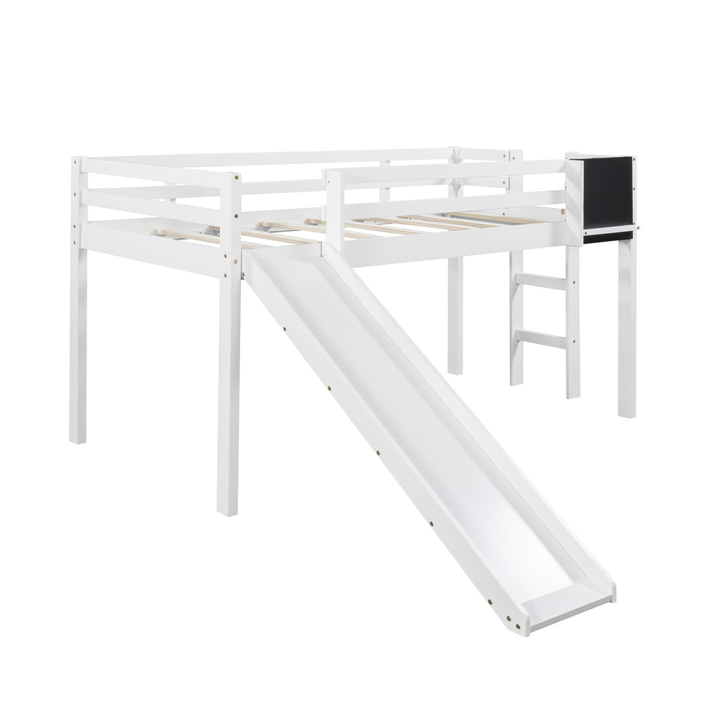 LuxxHomes  White Twin Loft Bed Bed Chalkboard and Slide