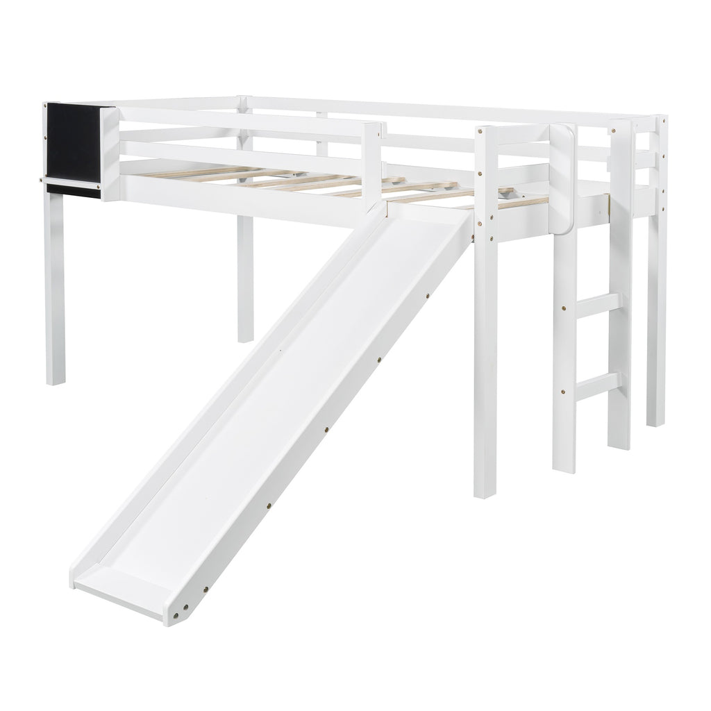 LuxxHomes  White Twin Loft Bed Bed Chalkboard and Slide