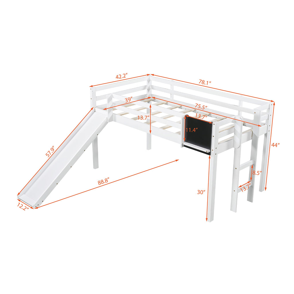 LuxxHomes  White Twin Loft Bed Bed Chalkboard and Slide