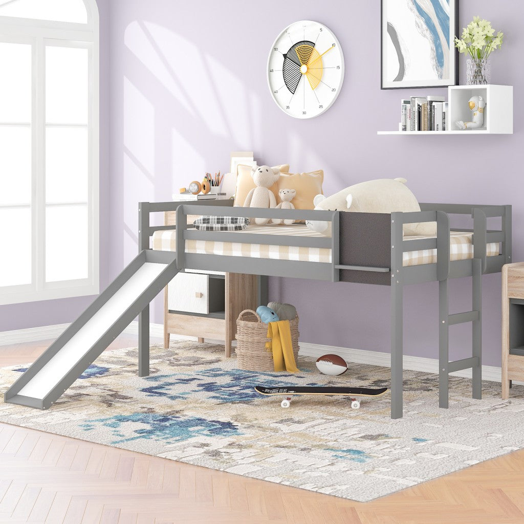 LuxxHomes  Gray Twin Loft Bed Bed Chalkboard and Slide