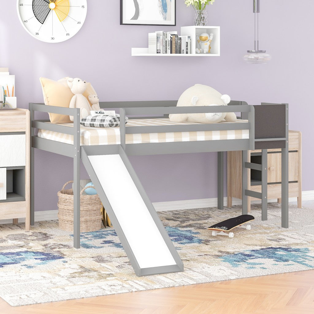 LuxxHomes  Gray Twin Loft Bed Bed Chalkboard and Slide