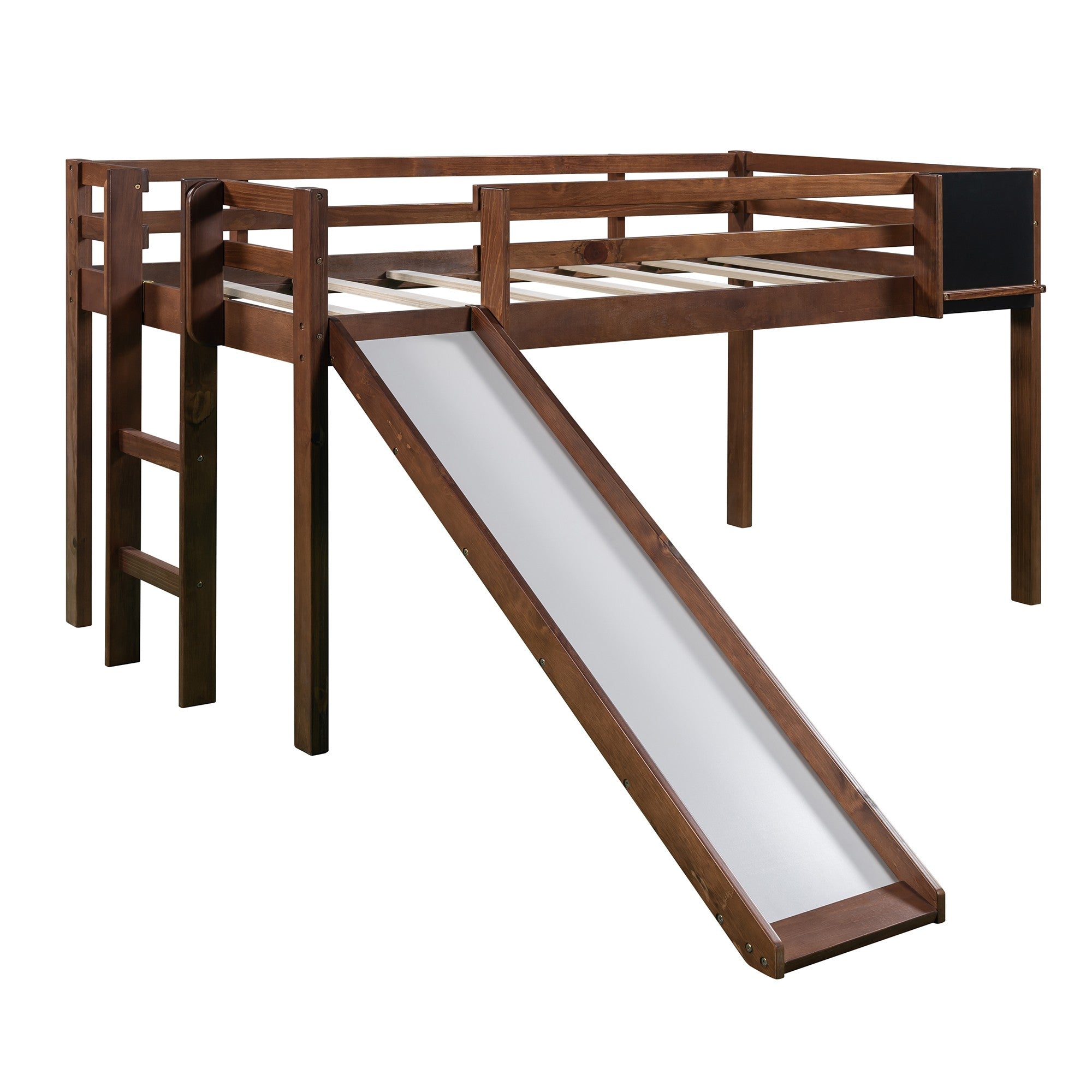 LuxxHomes  Walnut Twin Loft Bed Bed Chalkboard and Slide