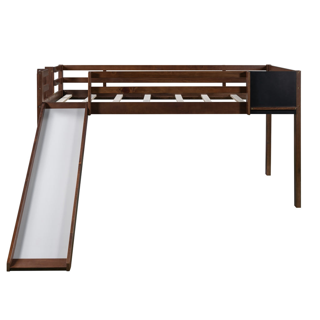 LuxxHomes  Walnut Twin Loft Bed Bed Chalkboard and Slide