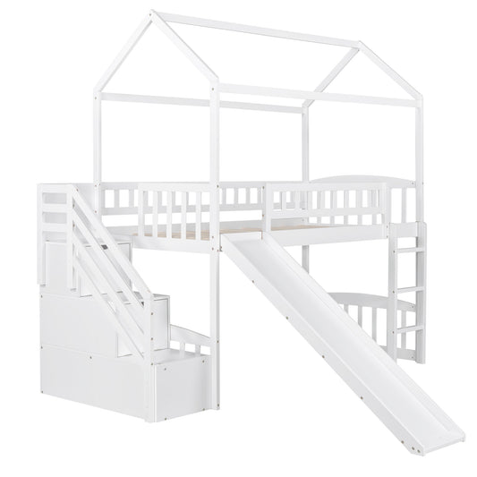 LuxxHomes  White Twin Size Playhouse Loft Bed With Drawers and Slide