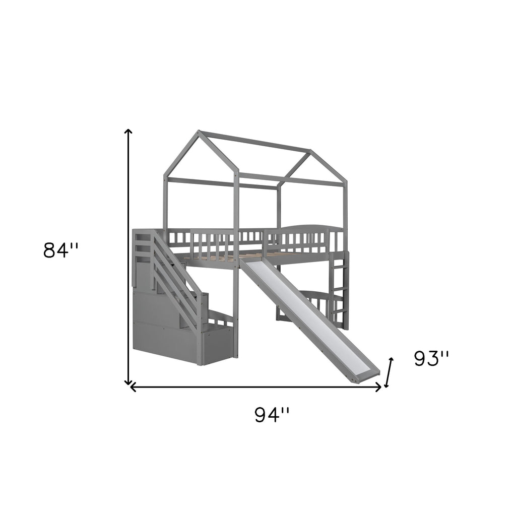 LuxxHomes  Gray Twin Size Playhouse Loft Bed With Drawers and Slide