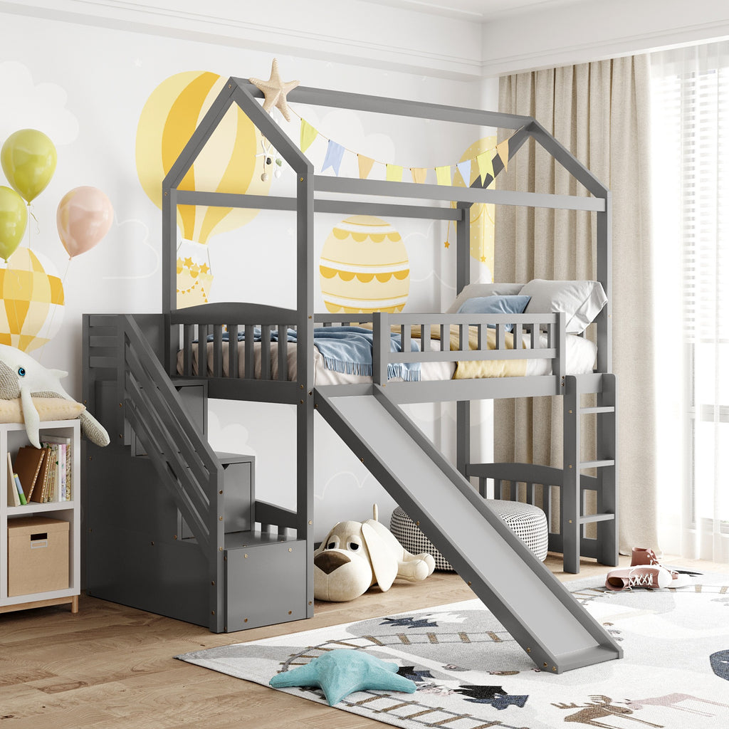 LuxxHomes  Gray Twin Size Playhouse Loft Bed With Drawers and Slide