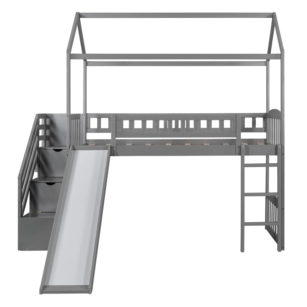 LuxxHomes  Gray Twin Size Playhouse Loft Bed With Drawers and Slide