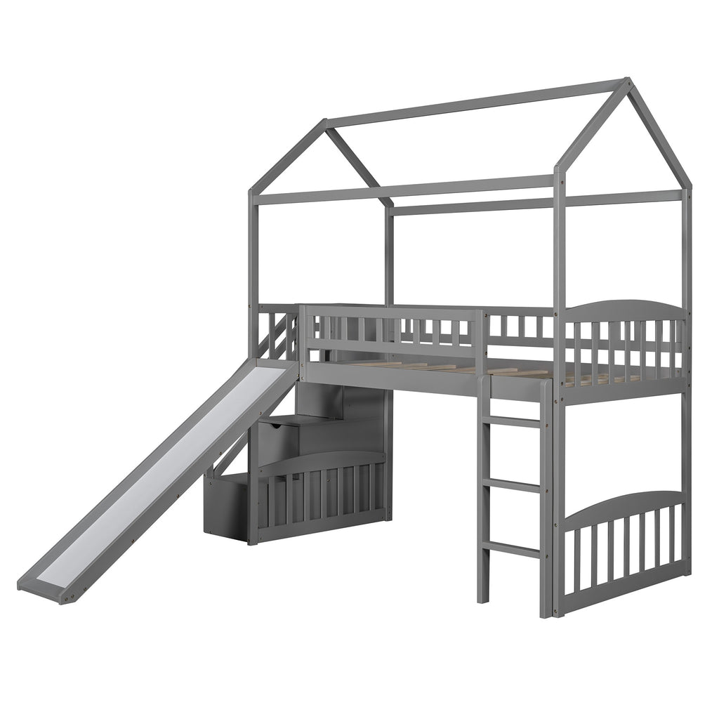 LuxxHomes  Gray Twin Size Playhouse Loft Bed With Drawers and Slide