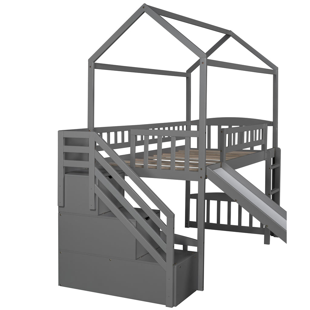 LuxxHomes  Gray Twin Size Playhouse Loft Bed With Drawers and Slide