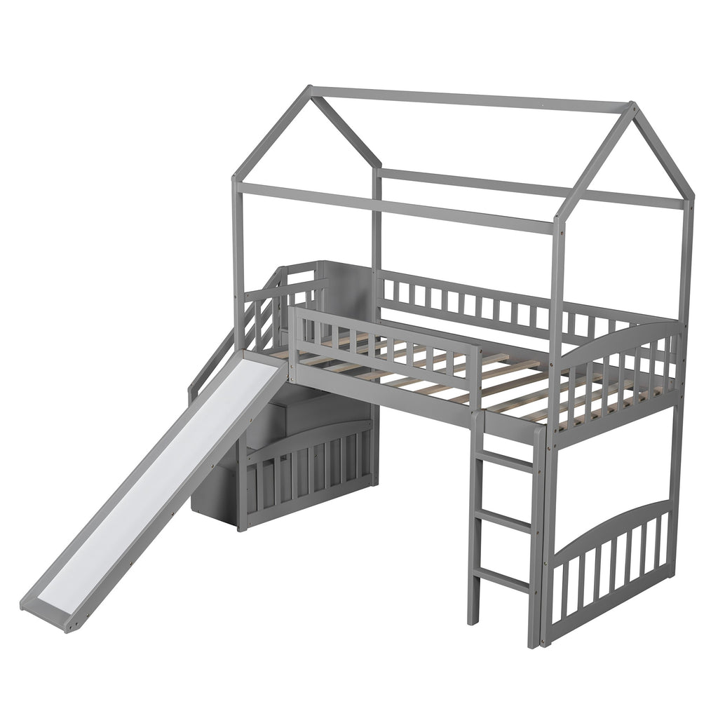 LuxxHomes  Gray Twin Size Playhouse Loft Bed With Drawers and Slide