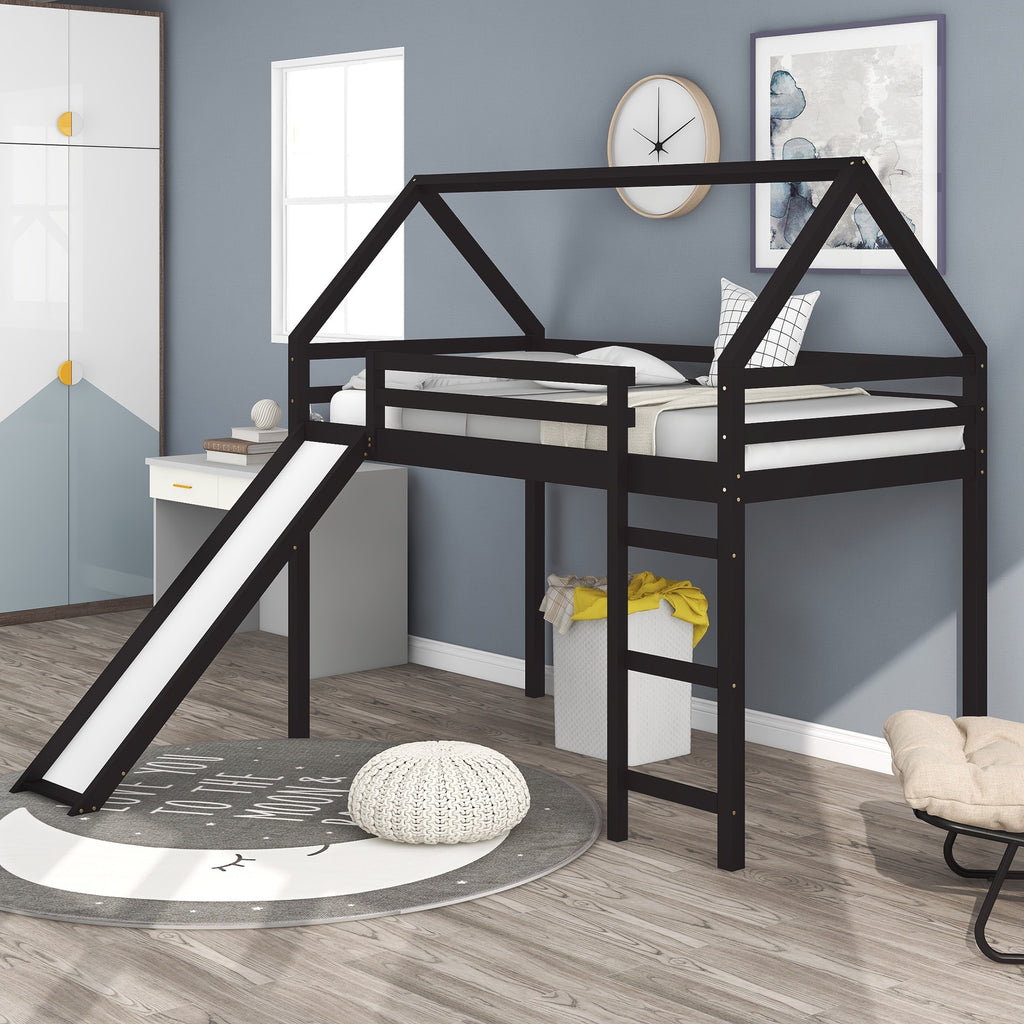 LuxxHomes  Brown Twin Size Slide House Loft Bed