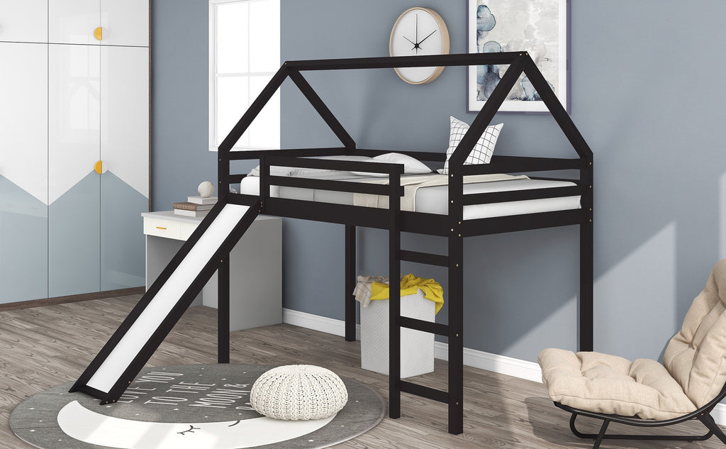 LuxxHomes  Brown Twin Size Slide House Loft Bed