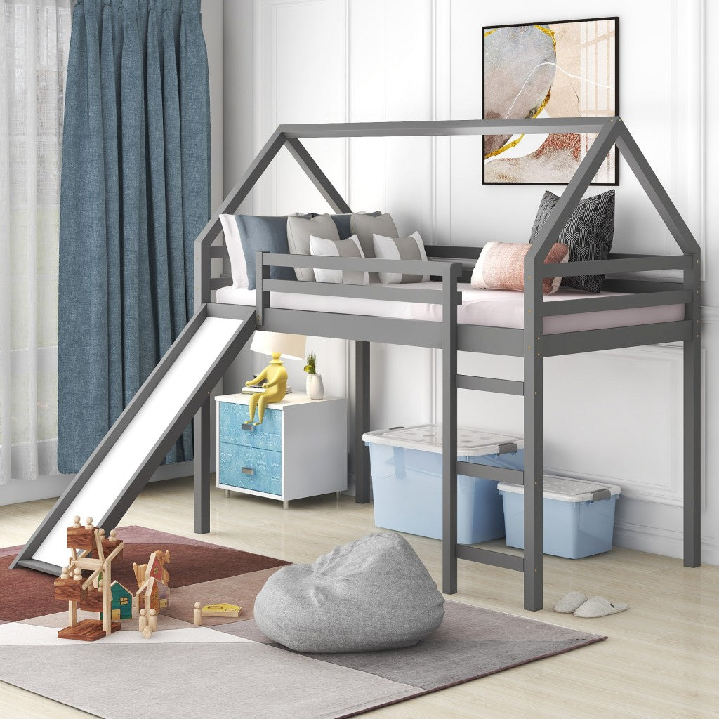 LuxxHomes  Gray Twin Size Slide House Loft Bed