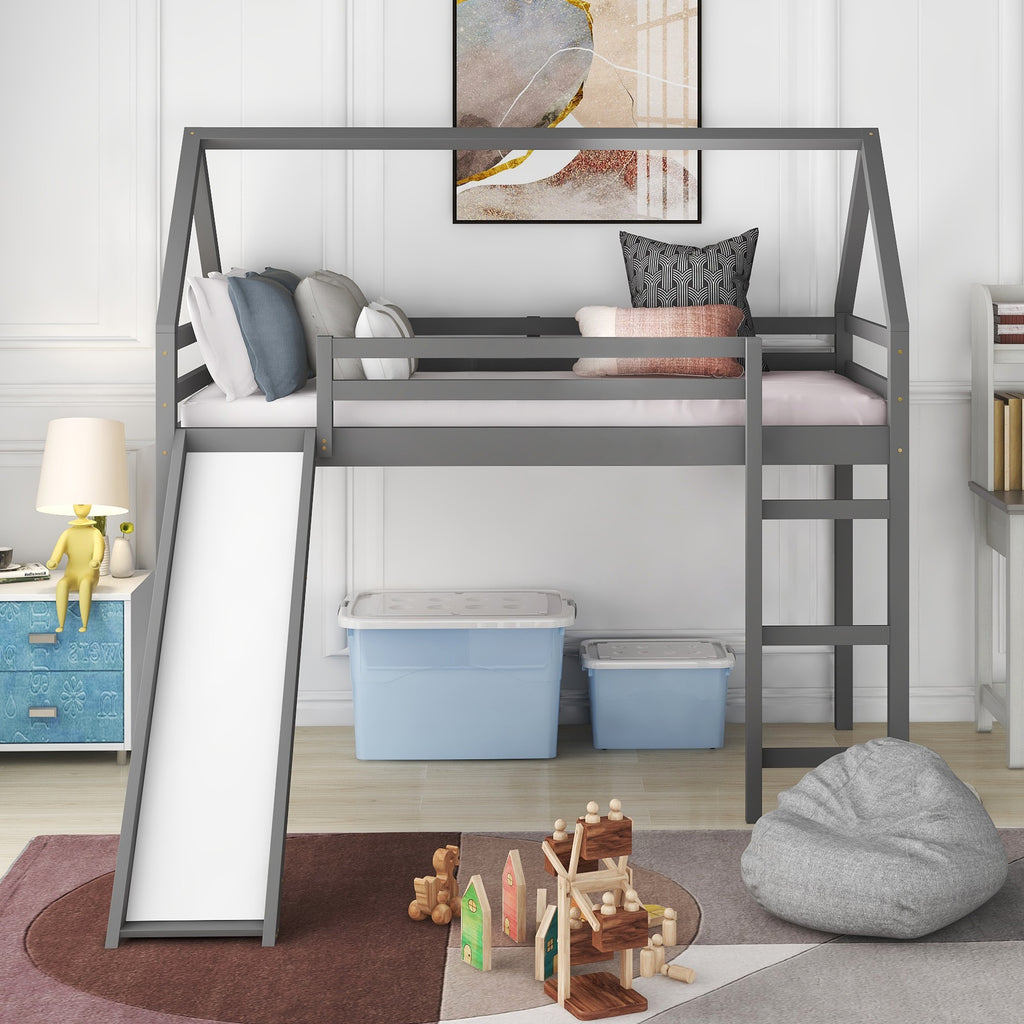 LuxxHomes  Gray Twin Size Slide House Loft Bed